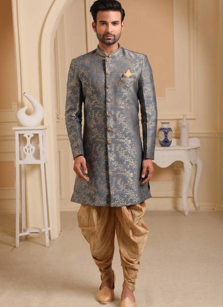 Gray Traditional Jacquard Silk Digital Print Party Wear Indo Western Mens Collection 9205